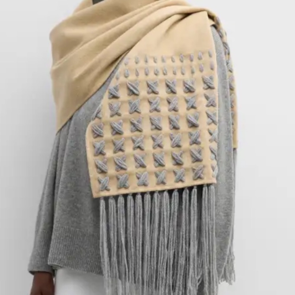 Lafayette148 NY Tan and Gray Fringed Wool Cashmere Scarf NWT